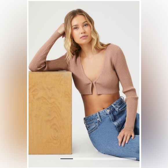 FOREVER21 NWT Beige Sparkly Ribbed Cropped Cardigan Knit Sweater Shrug Shirt S - Picture 2 of 16